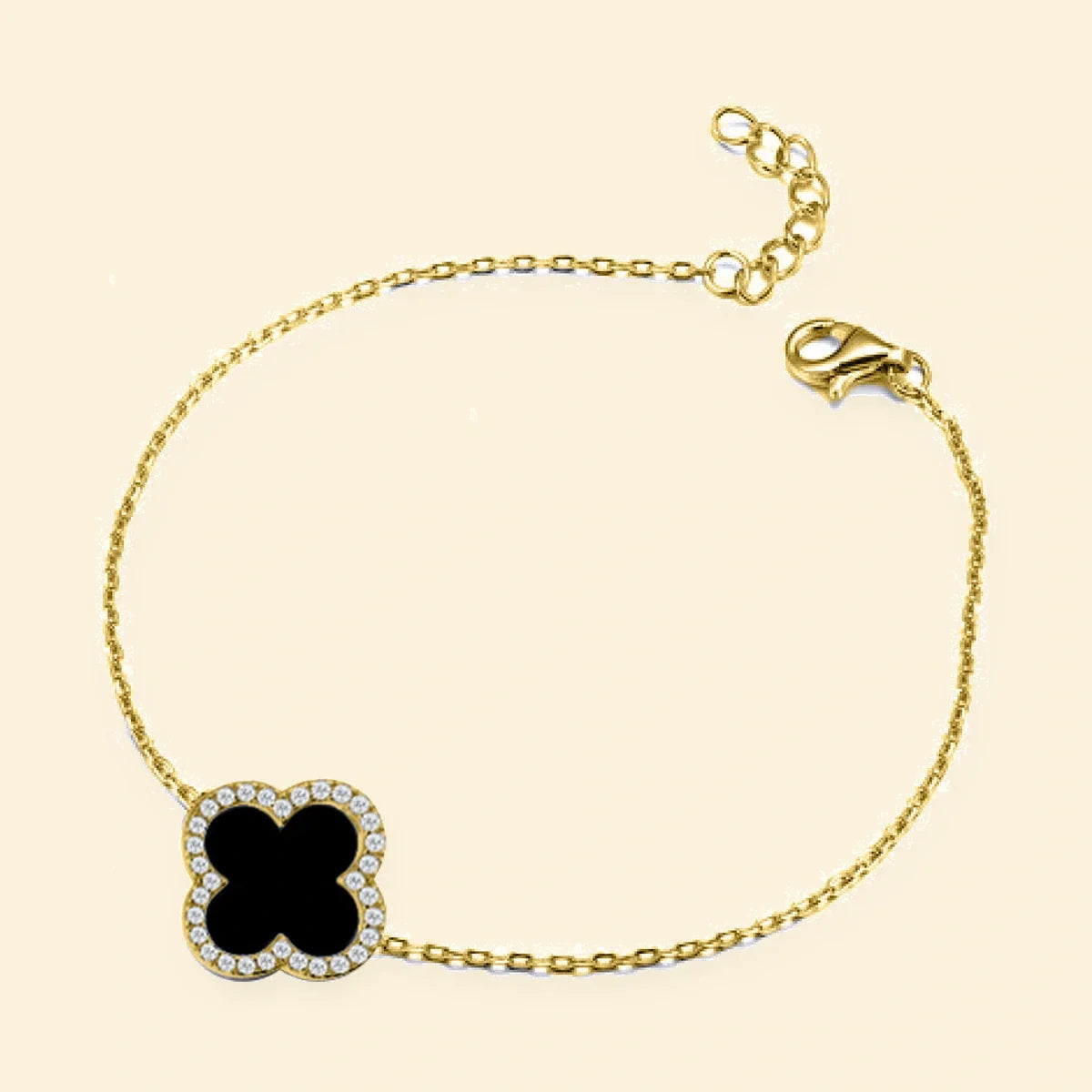 Gold Plated Sterling Silver CZ Set Single Clover Bracelet Black Onyx Colour – ABB241-GP