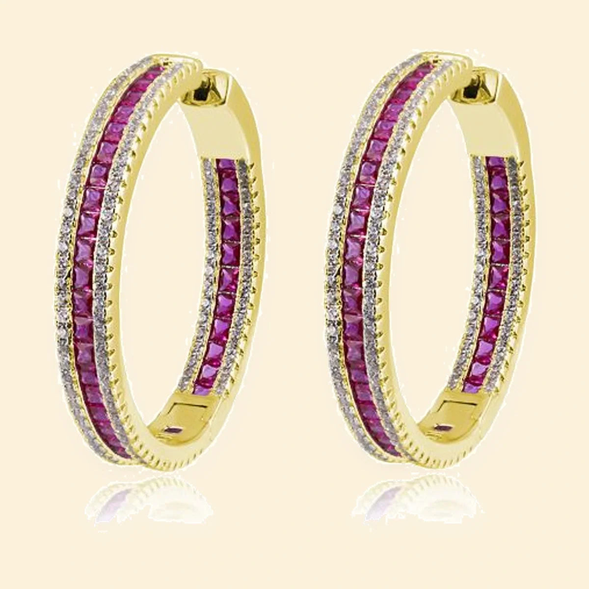 Gold Plated Sterling Silver Red & White CZ Set Hoop Earrings 18mm – AER150-GP