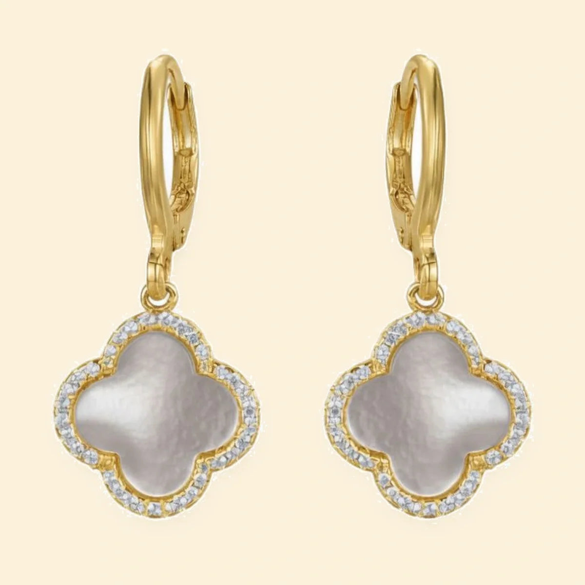 Gold Plated Sterling Silver CZ Mother Of Pearl Clover Hoops – AER186-GP