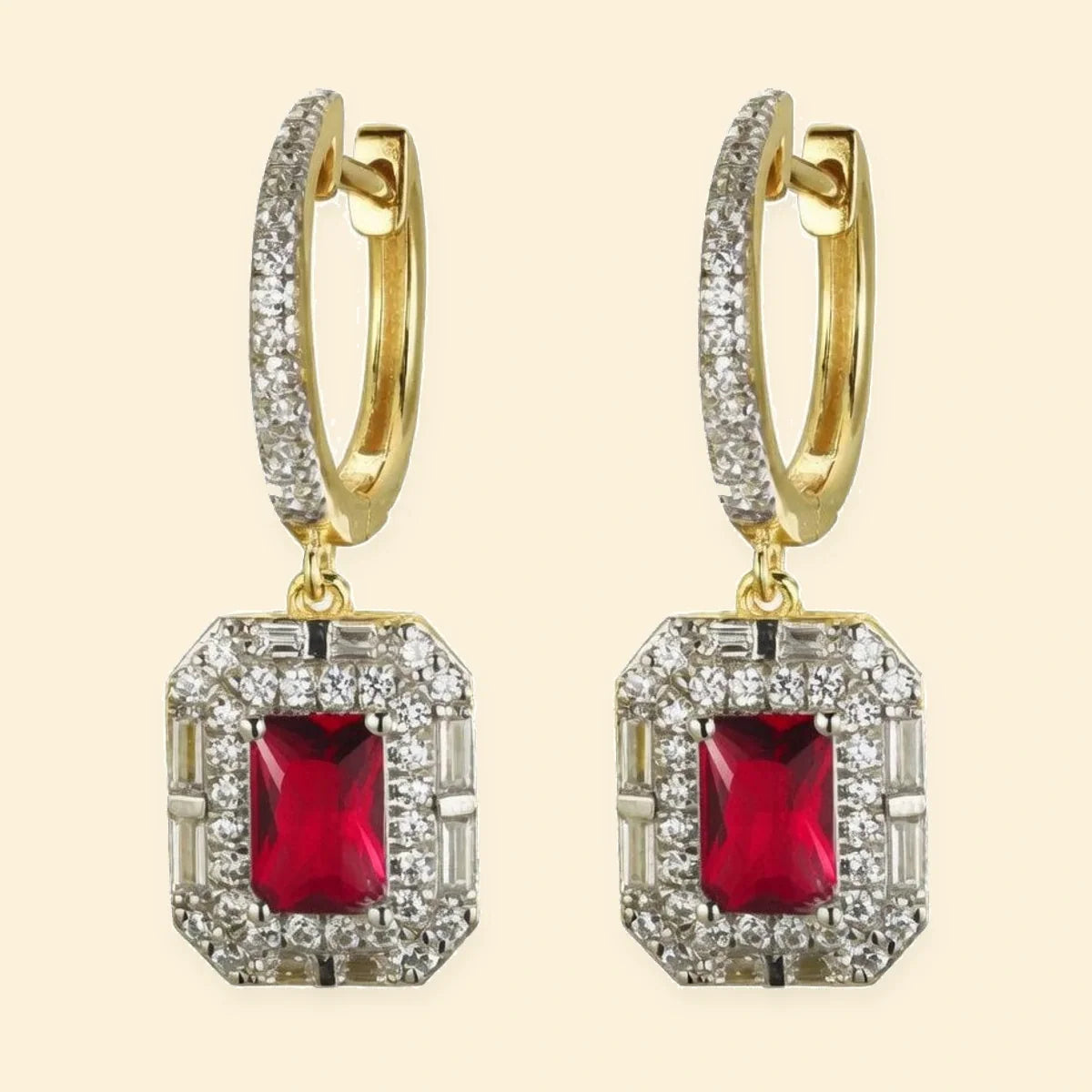Gold Plated Sterling Silver Red CZ Drop Hoops – AER199R-GP