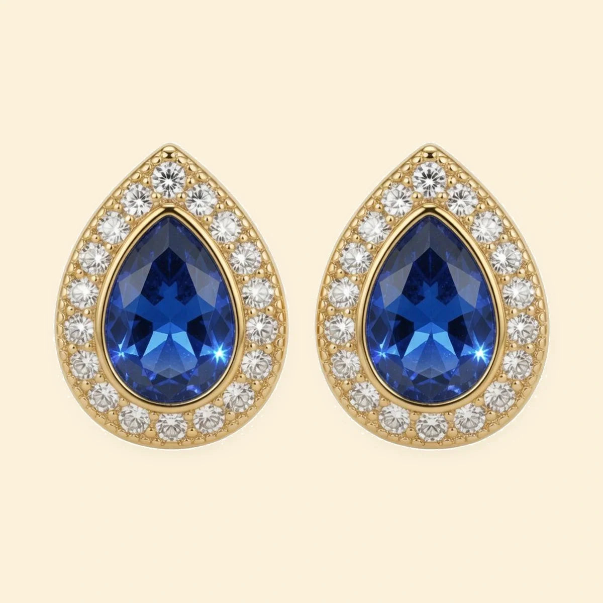 Gold Plated Sterling Silver Pear Shape Studs Sapphire Centre CZ – AES223B-GP