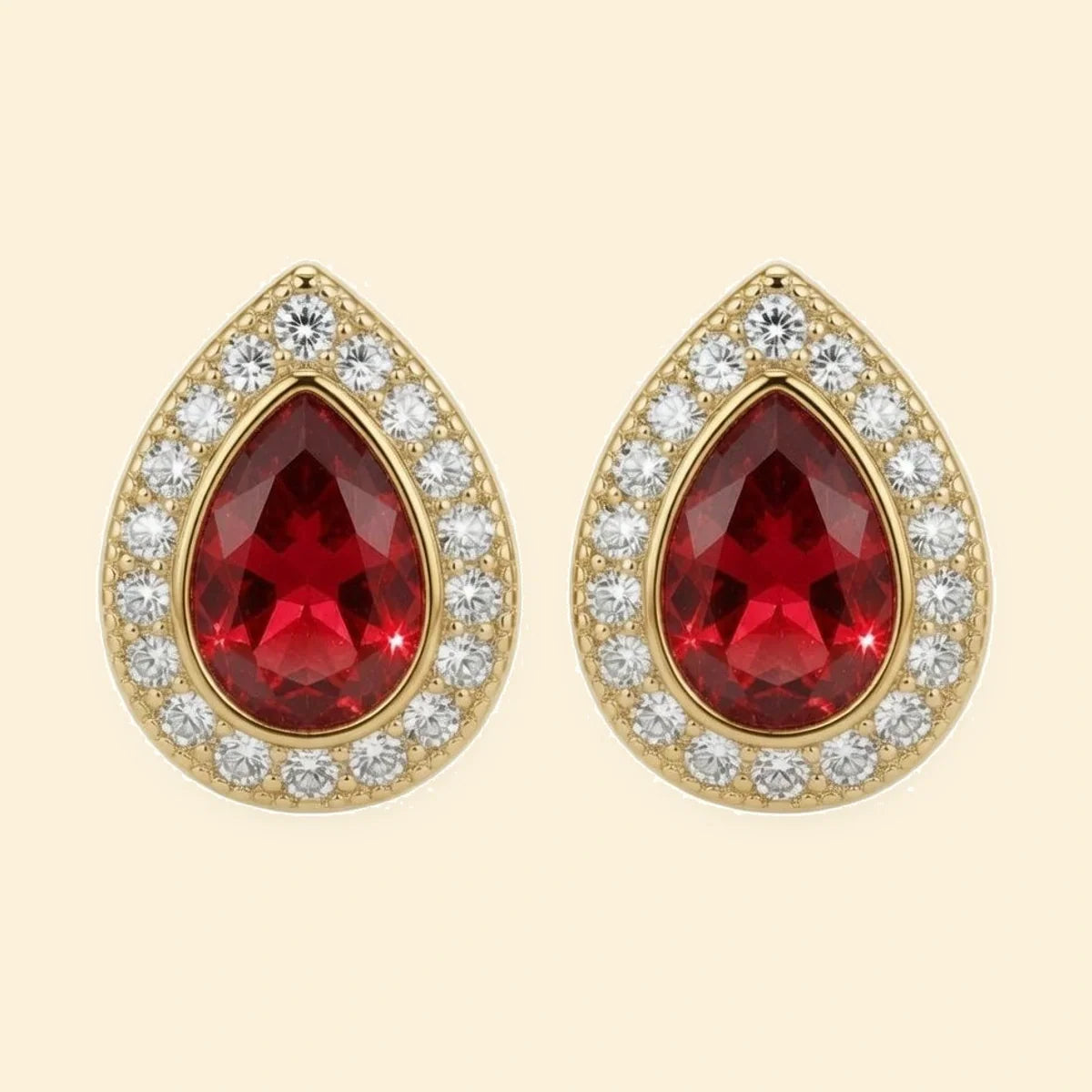 Gold Plated Sterling Silver Pear Shape Studs Ruby Centre CZ – AES223R-GP
