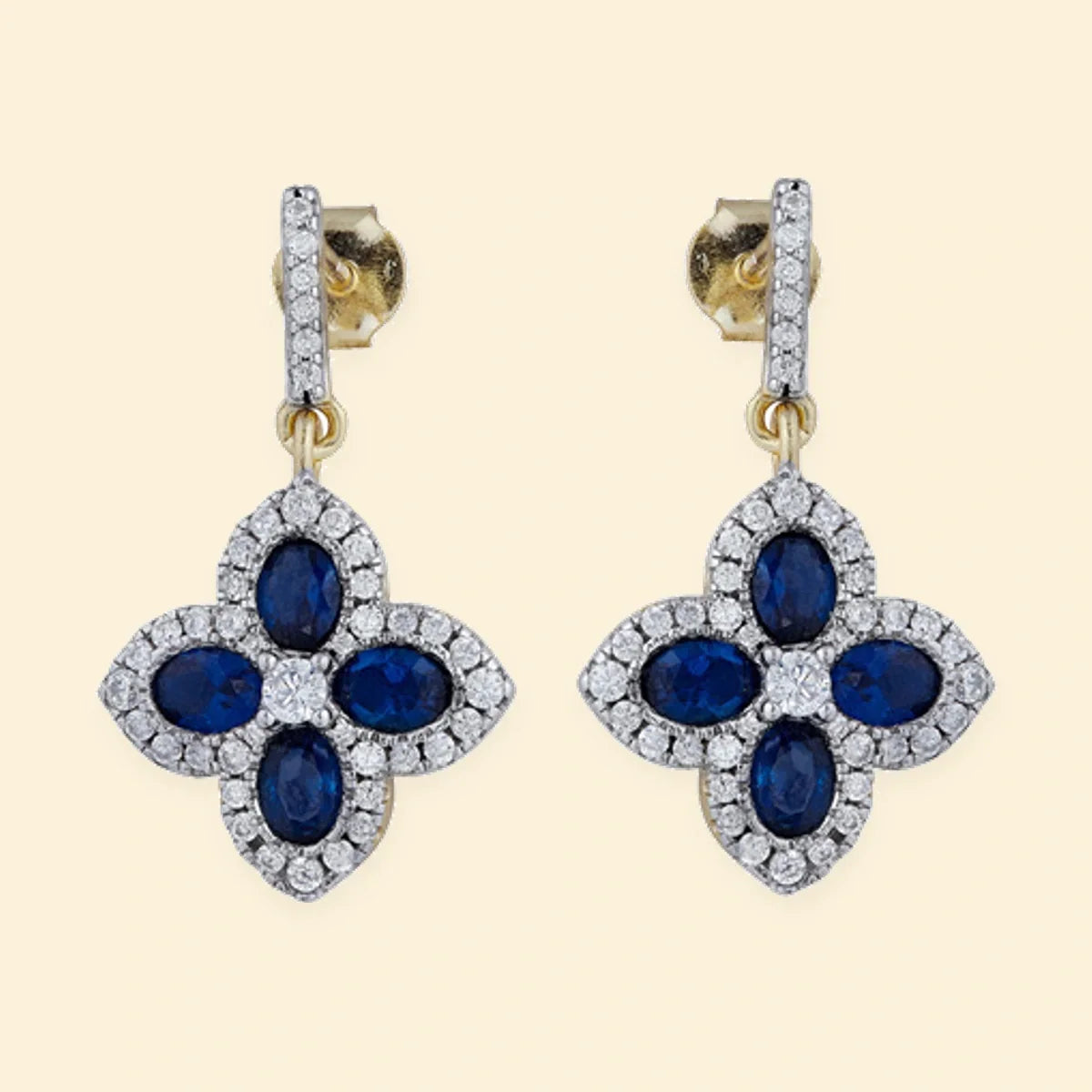 Gold Plated Sterling Silver Gold Plate CZ Set Clover Drop Earrings Blue – AES226B