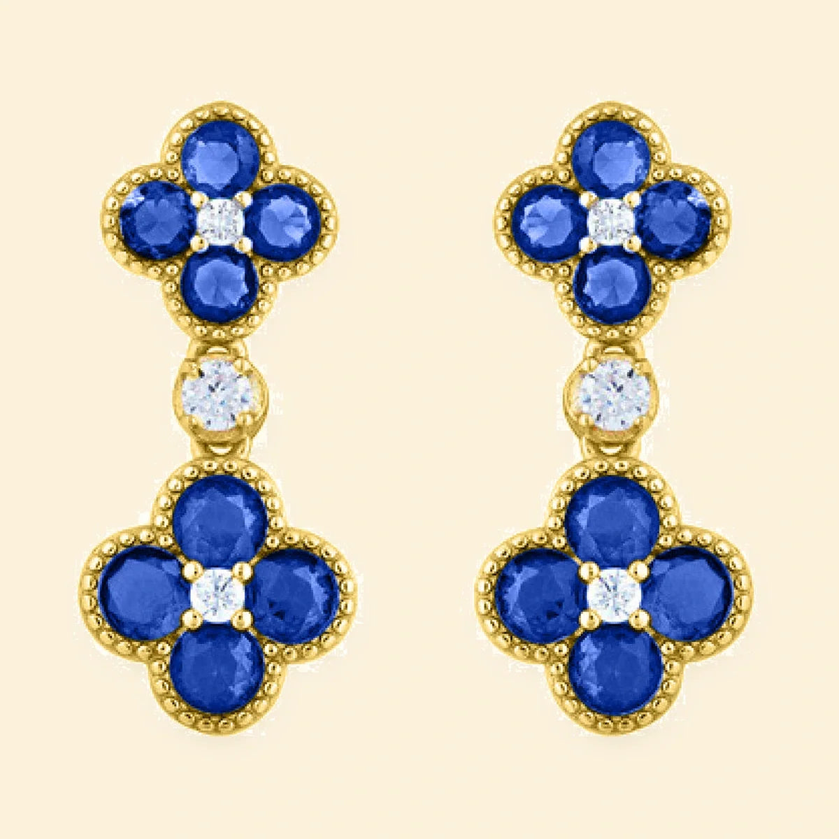 Gold Plated Sterling Silver Gold Plate CZ Set Clover Drop Earrings Blue – AES229B