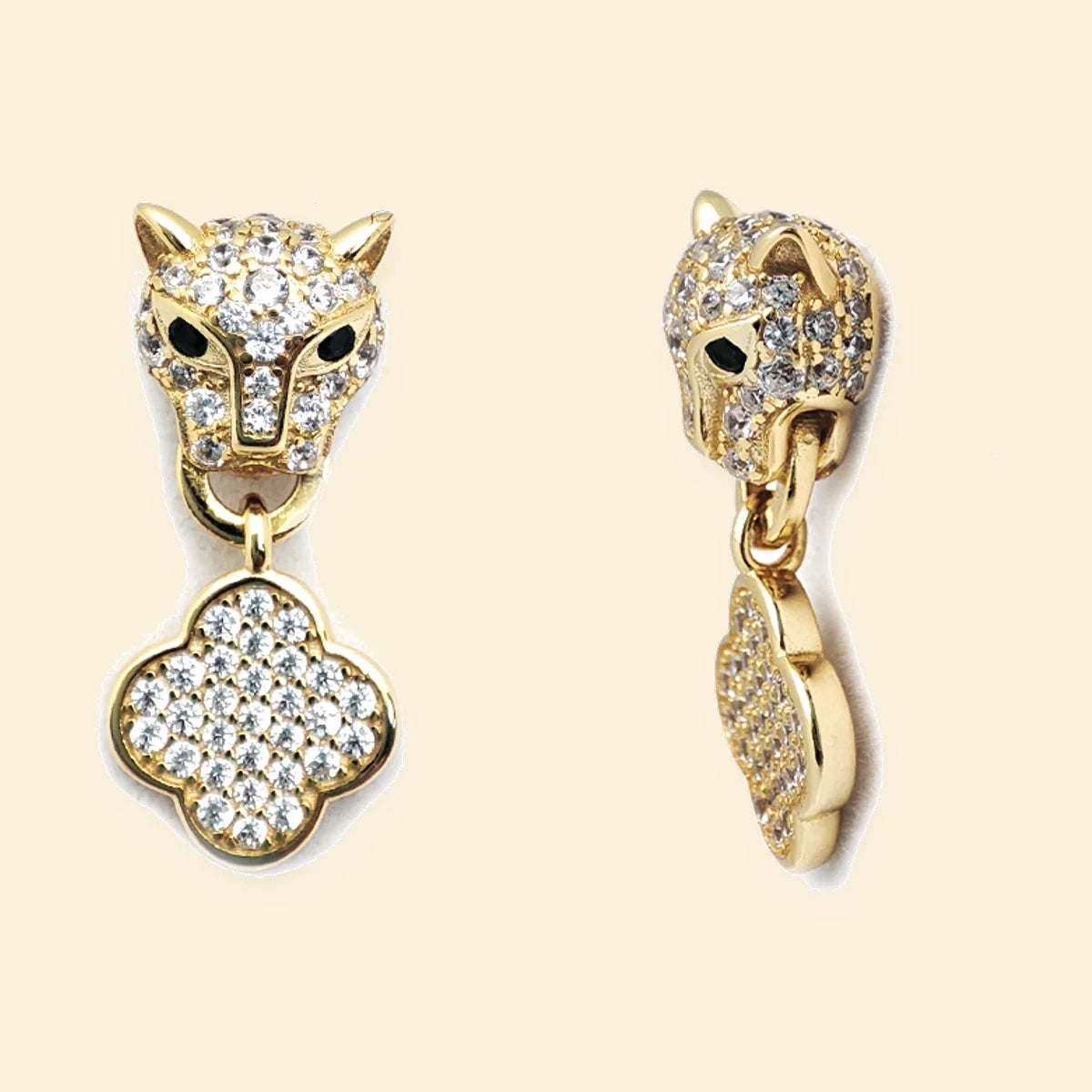 Gold Plated Sterling Silver CZ Set Panther Clover Stud Earrings Drops – AES253-GP