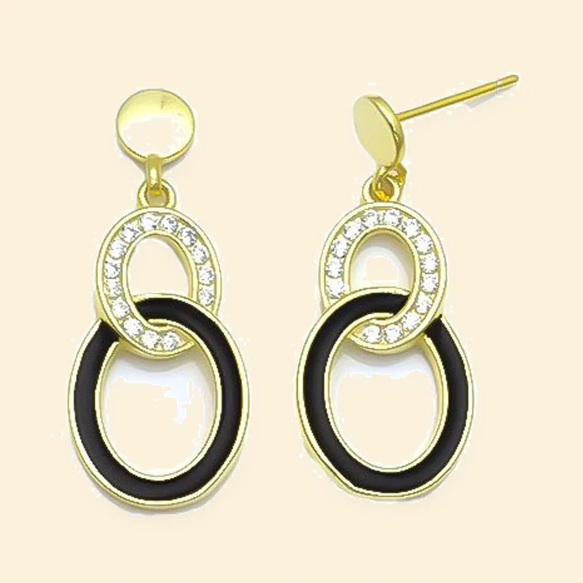 Gold Plated Sterling Silver CZ Black Enamel Linked Drop Earrings – AES303-GP