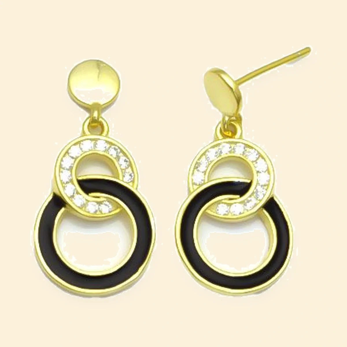 Gold Plated Sterling Silver CZ Black Enamel Linked Circle Drop Earrings – AES305-GP