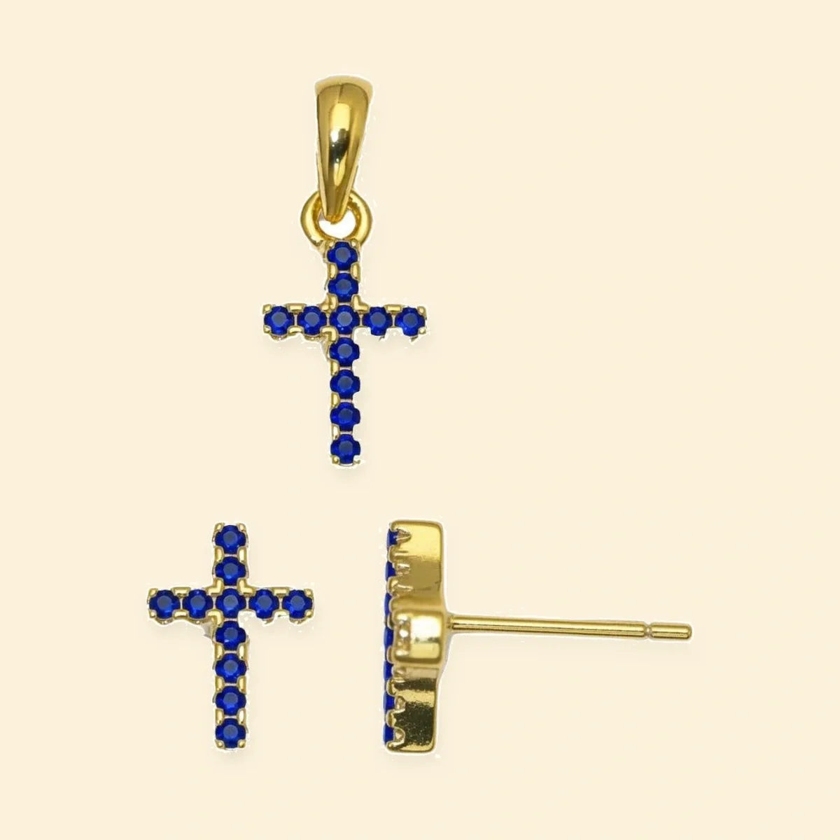 Gold Plated Sterling Silver Blue CZ Cross Stud Earrings – AES313B-GP