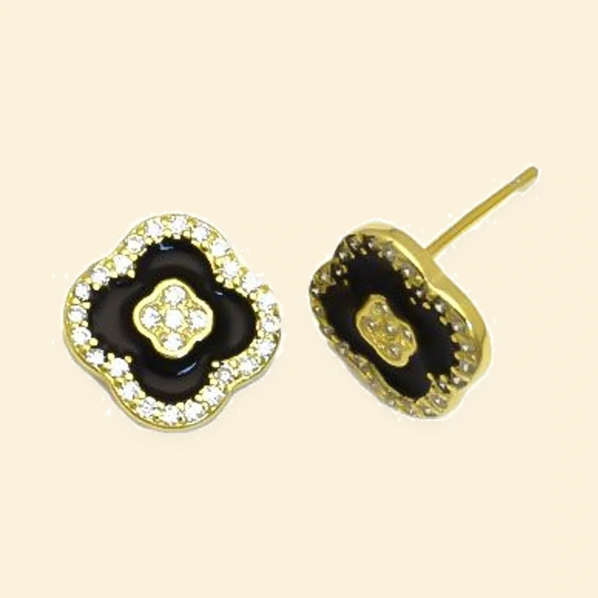 Gold Plated Sterling Silver CZ Black Enamel Flower Stud Earrings – AES314-GP