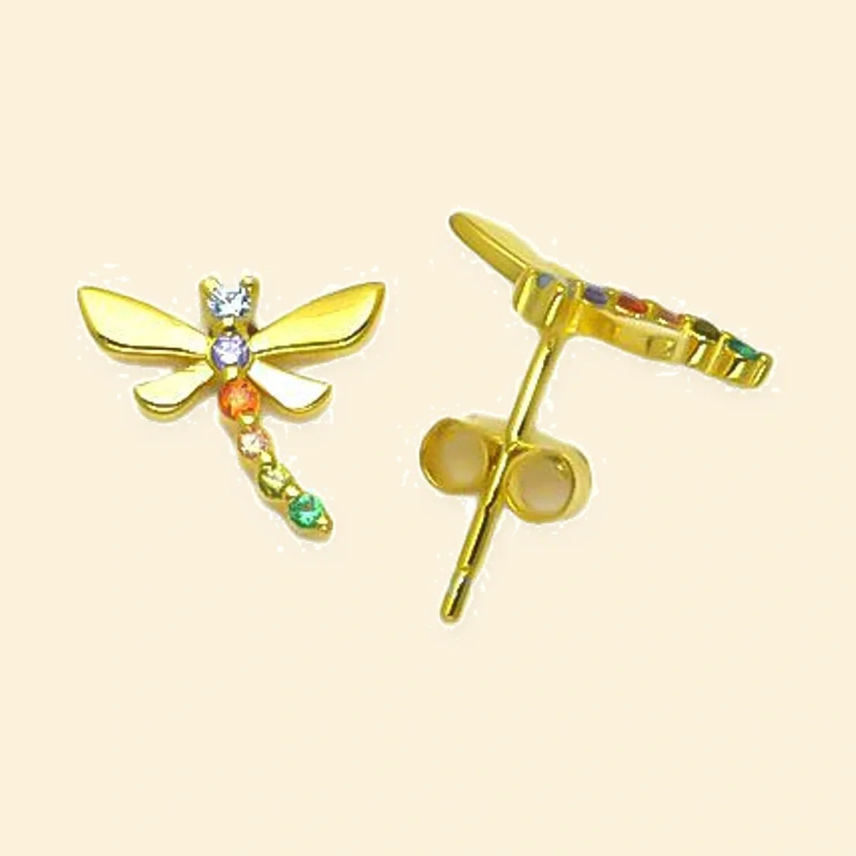 Gold Plated Sterling Silver Rainbow CZ Dragonfly Stud Earrings – AES317-GP