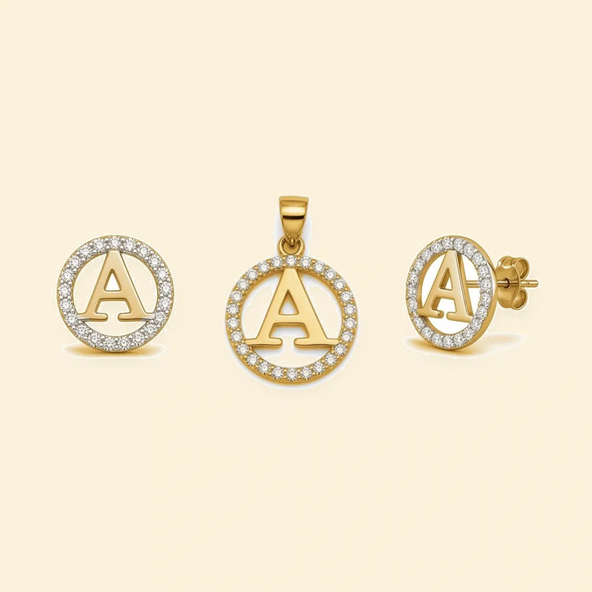 Gold plated sterling silver CZ initial A pendant set on ivory background