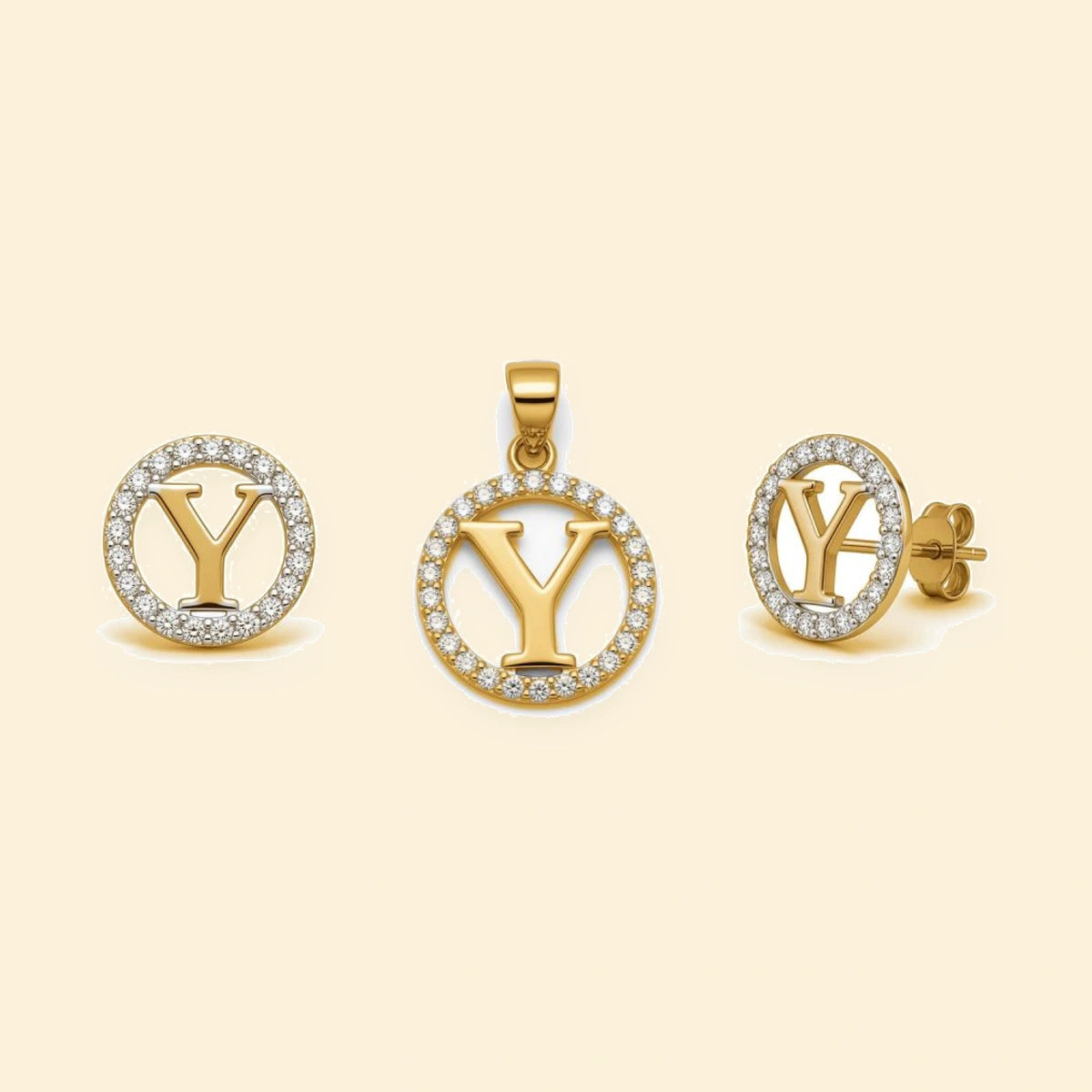 Gold plated sterling silver CZ initial Y pendant set on ivory background