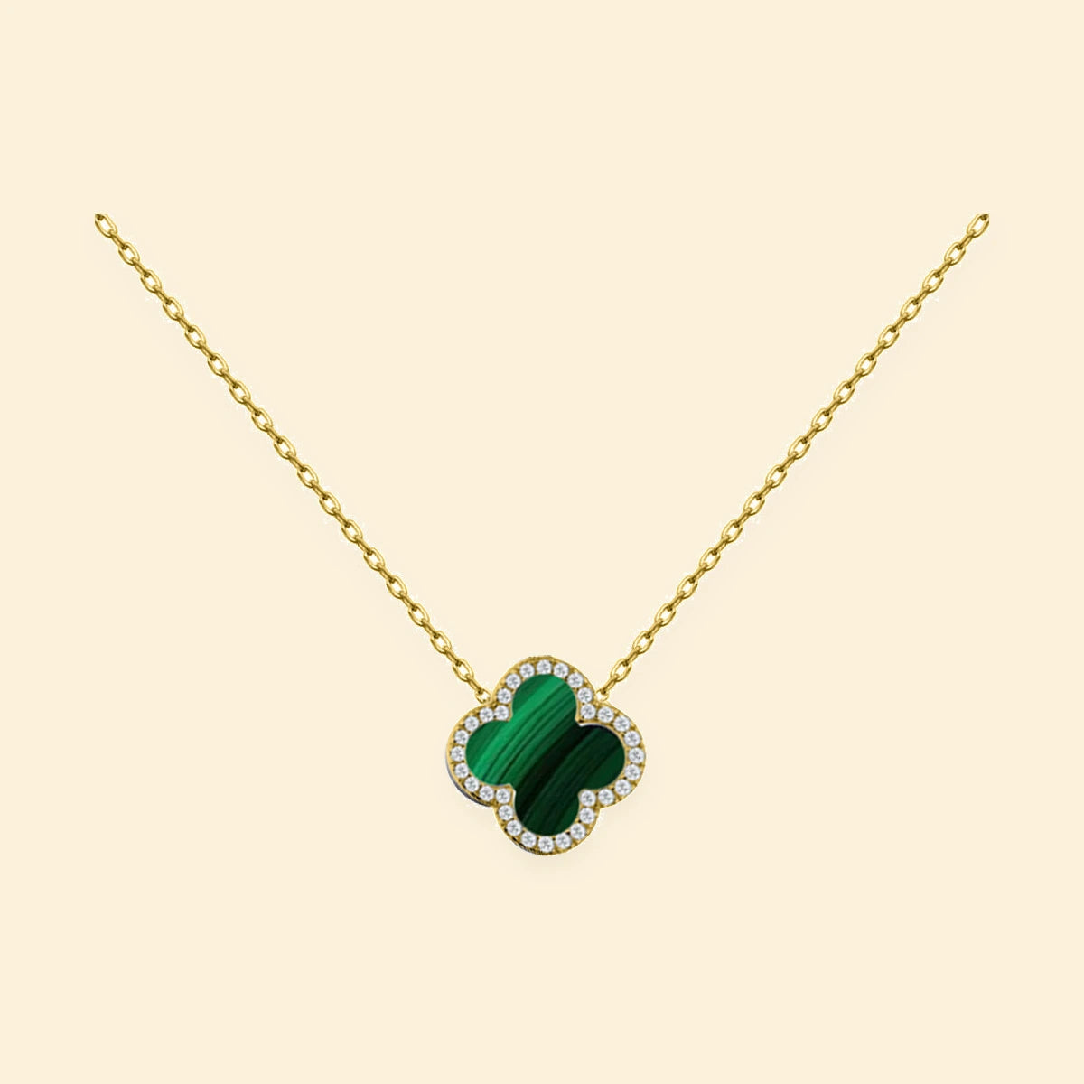 Gold Plated Sterling Silver CZ Set Single Clover Necklace Malachite Green – ANC105-GP