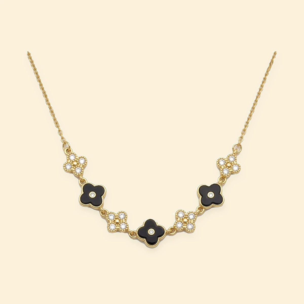 Gold Plated Sterling Silver CZ Black Enamel Flower Necklace – ANC130-GP
