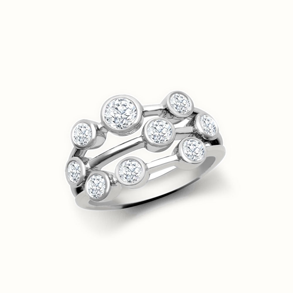 18ct Gold Natural Diamond 3 Row Bubble Ring