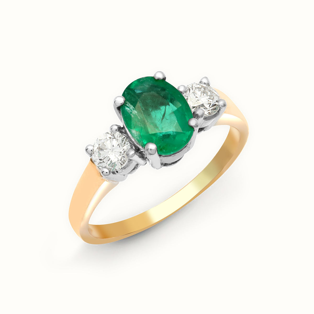 18ct Yellow Gold 3 Stone Natural Diamond And Emerald Ring