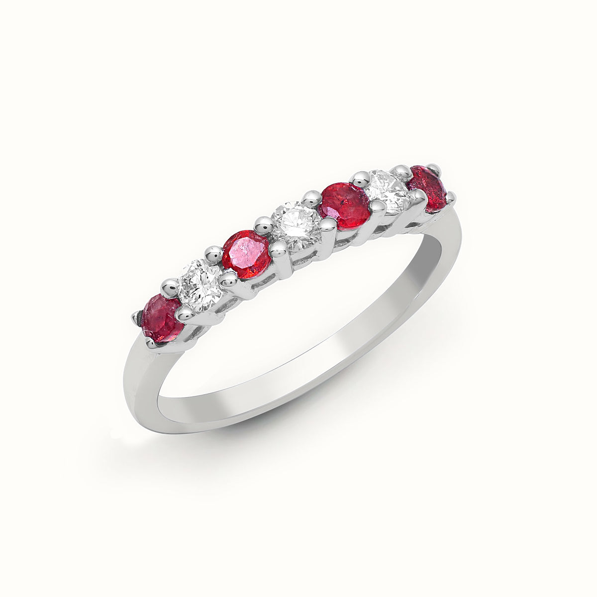 18ct White Gold Natural Diamond And Ruby Claw Set Half Eternity Ring