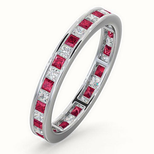 18ct White Gold Channel Set Princess Cut Full Eternity Ring Natural Diamond Ruby