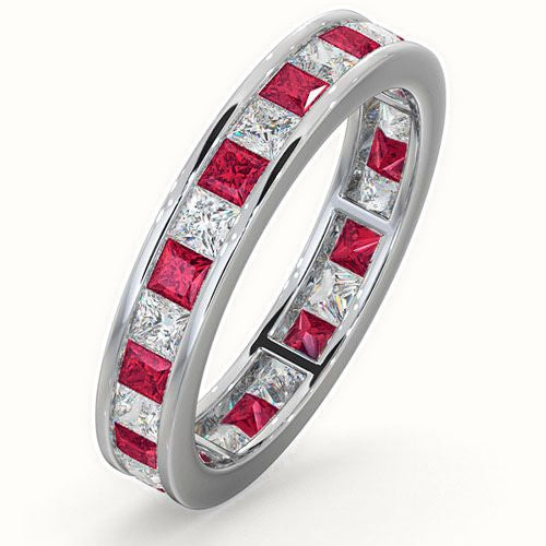18ct White Gold Channel Set Princess Cut Full Eternity Ring Natural Diamond Ruby
