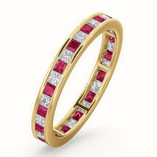 18ct Yellow Gold Channel Set Princess Cut Full Eternity Ring Natural Diamond Ruby