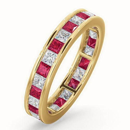 18ct Yellow Gold Channel Set Princess Cut Full Eternity Ring Natural Diamond Ruby