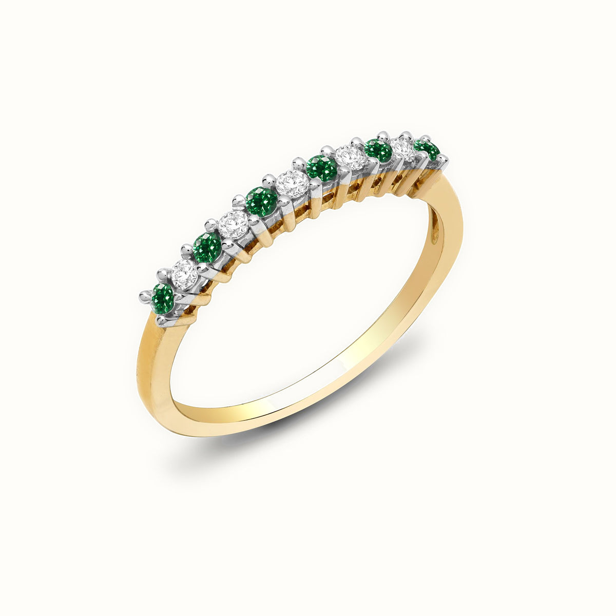 Yellow Gold Natural Diamond & Emerald Half Eternity Ring — Delan Jewellers