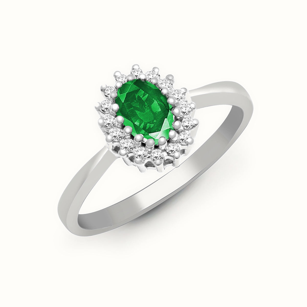 9ct White Gold Natural Diamond 12pts & Emerald 52pts Ring