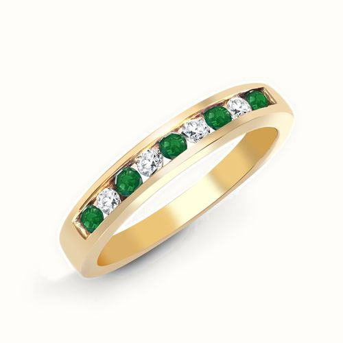 Yellow Gold Natural Diamond & Emerald Channel Set Half Eternity Ring — Delan Jewellers