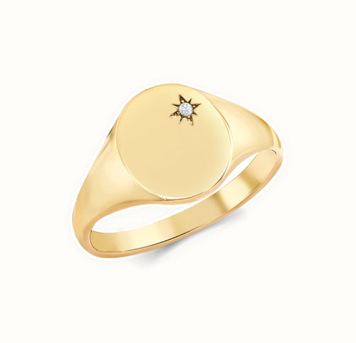 9ct Yellow Gold 0.03cts Diamonds Star-set Oval Signet Ring
