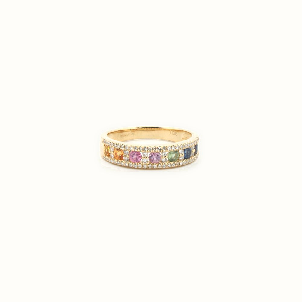 9ct Yellow 0.25ct Dia, 0.62ct Rainbow Saph Ring