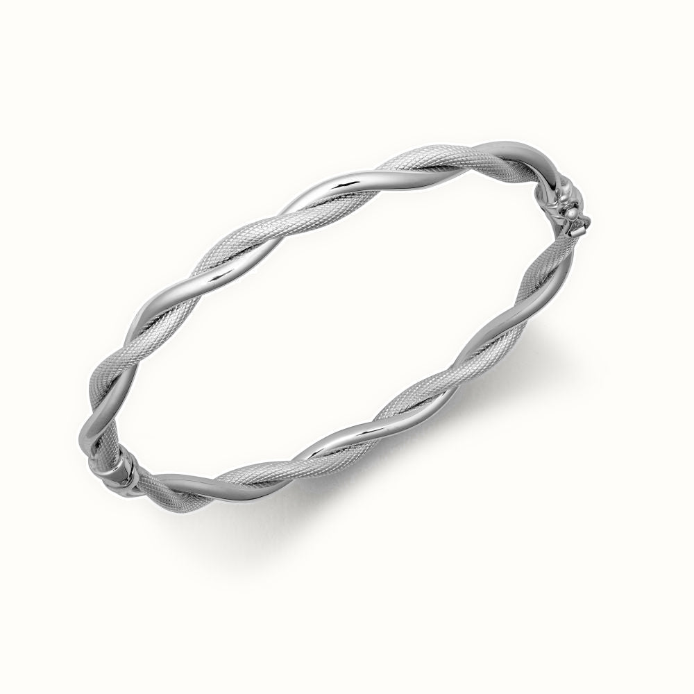 9ct White Gold Polished & Mesh Twist Bangle