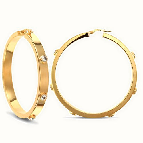 9ct yellow gold 6mm square-tube hoop creole earrings with rub-over set cubic zirconia stones