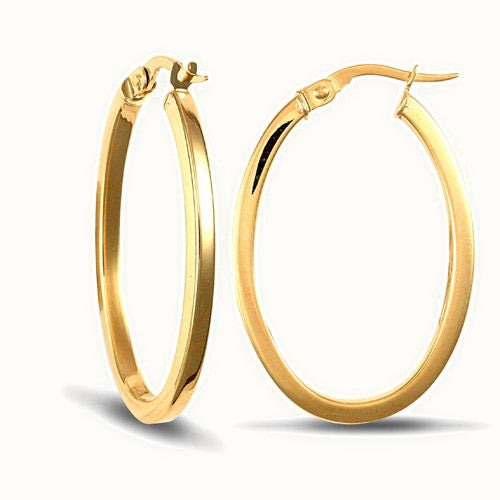 9ct Yellow Square Tube Oval Shape Hoop Earrings