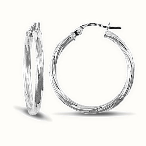 9ct white gold 2.5mm round-tube twisted creole Hoop Earrings