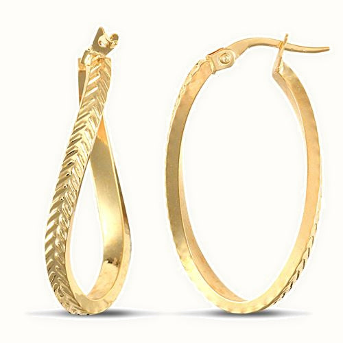 9ct yellow gold super light twisting oval shaped creole Hoop Earrings with a plaited textured pattern