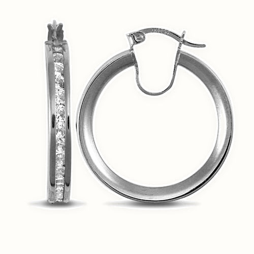 9ct white gold channel set cubic zirconia creole Hoop Earrings