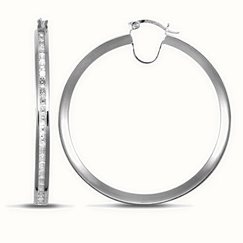 9ct white gold channel set cubic zirconia creole Hoop Earrings