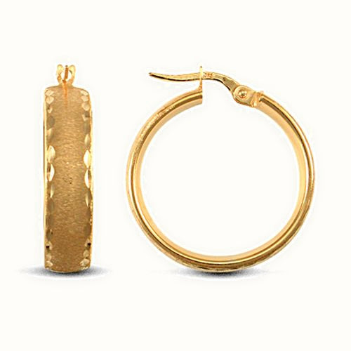 9ct yellow gold frosted and Diamond Cut court profile Hoop Earrings