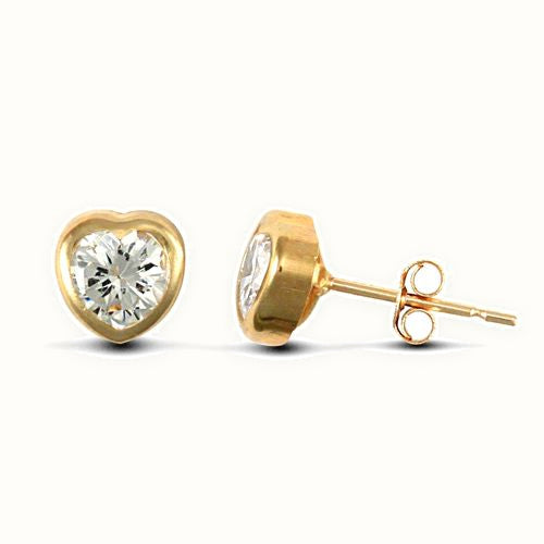 9ct yellow gold heart shaped stud earrings rub-over set with a solitaire cubic zirconia stone