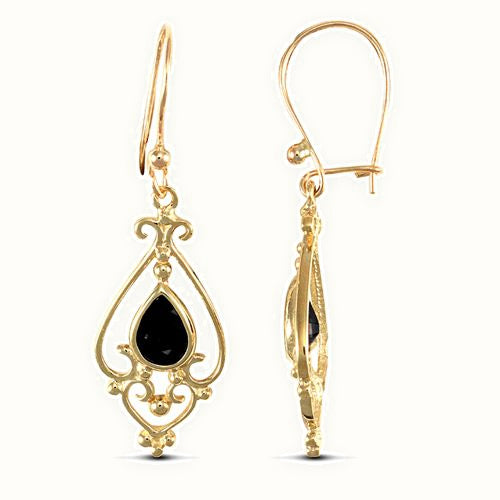 9ct yellow gold chandelier drop earrings set with a single pear-shaped sapphire