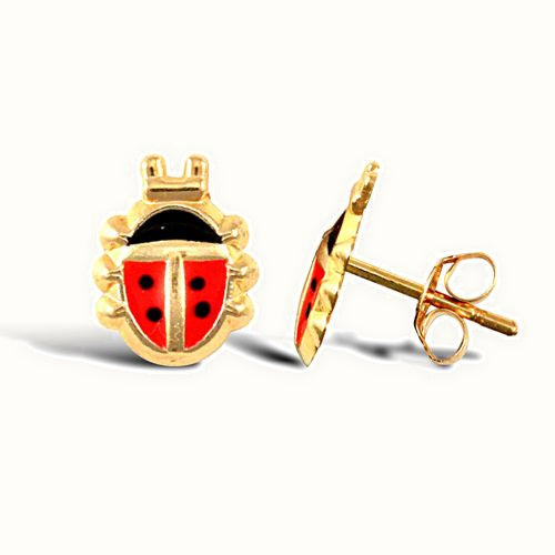 9ct yellow gold ladybird stud earrings with an enamelled design