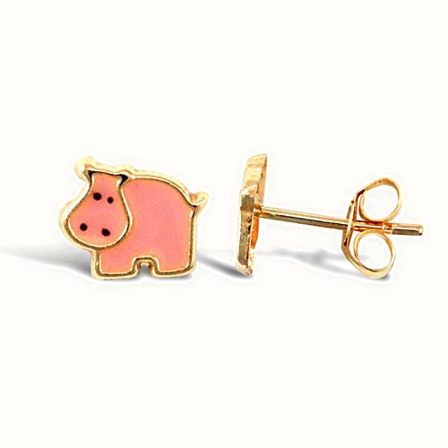 9ct yellow gold hippo stud earrings with an enamelled design