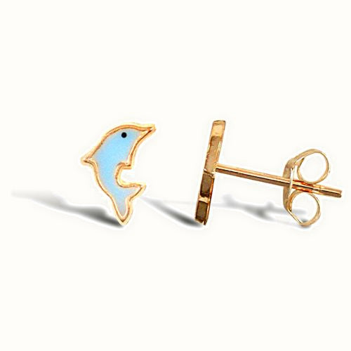9ct yellow gold dolphin stud earrings with an enamelled design