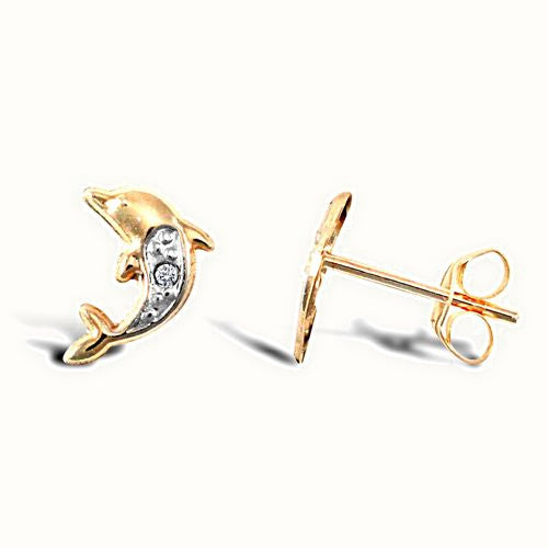 9ct Gold dolphin stud earrings with an inset cubic zirconia — Delan Jewellers