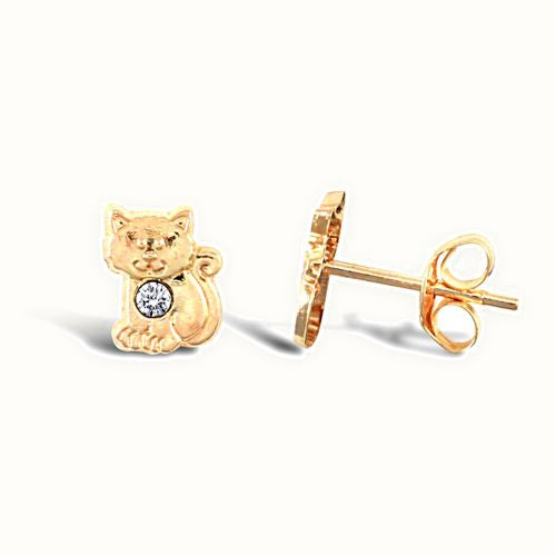9ct yellow gold kitten stud earrings with an inset cubic zirconia
