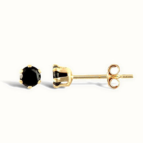 Solid 9ct yellow gold hand finished stud earrings claw-set with a solitaire black cubic zirconia stone