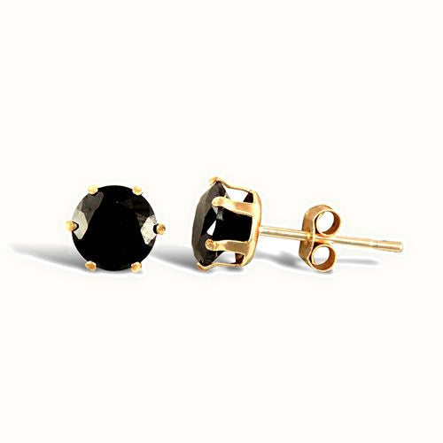 Solid 9ct yellow gold hand finished stud earrings claw-set with a solitaire black cubic zirconia stone