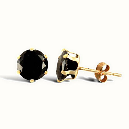 Solid 9ct yellow gold hand finished stud earrings claw-set with a solitaire black cubic zirconia stone