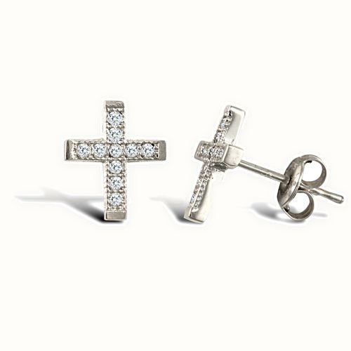 9ct white gold cross stud earrings with cubic zirconia's