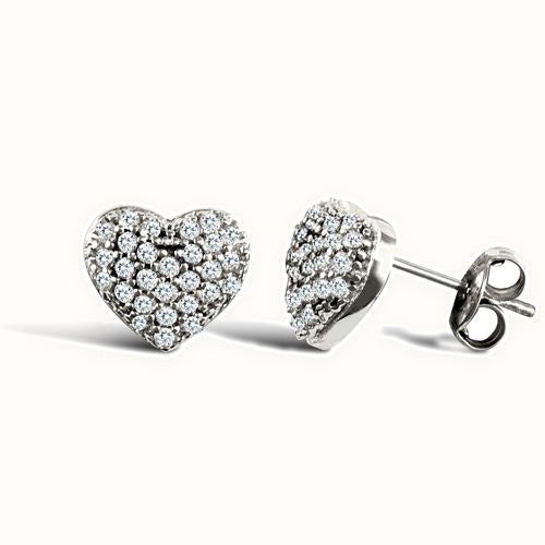 9ct white gold domed heart stud earrings with cubic zirconia's